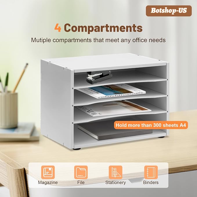 Gdrasuya10 Office Desk Organizer Shelf 2Pcs File Holder Mail Sorter Paper Organizer for Desk 4 Compartments Letter Tray Home & Office Mailbox School Desktop Adjustable Shelves, White