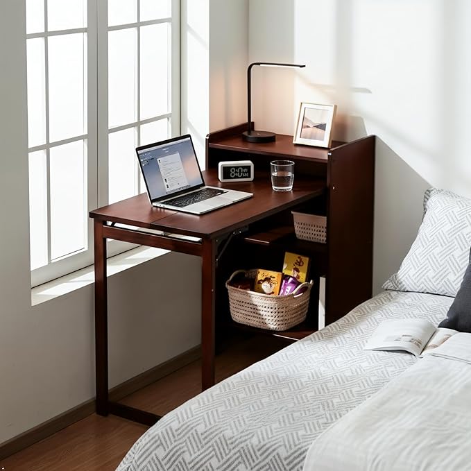 Bamboo Folding Desk with Storage, Mid Century Fold Out Table, Space Saving Foldable Desk for Small Spaces, Multi-Functional Computer Desk for Home Office, Bedroom, Apartment & Dorm