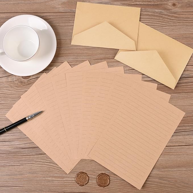 48 Pieces Stationery Set with Envelopes (24 Kraft Paper Sheets + 12 Linen Texture Envelopes+12 Wax Seal Stickers), Stationery Letter Writing Paper Set for Love Letters and Party Invitations (Yellow)