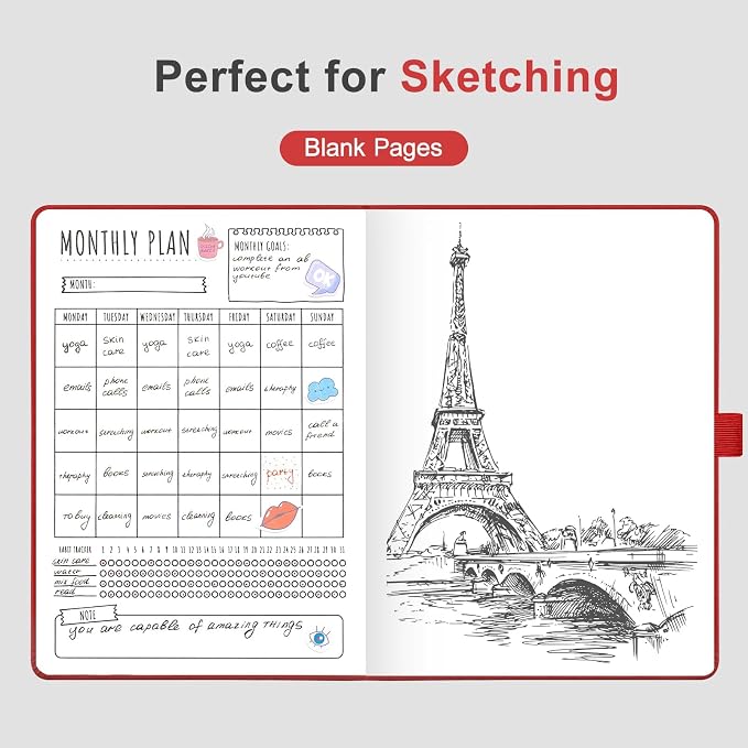 AHGXG Blank Journal Notebook, 160 Pages, A5 Medium Size (5.7'' x 8.3''), 120 GSM Thick Paper, Leather Hardcover, for Sketching, Drawing, Painting (Red)