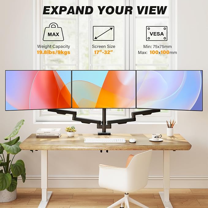 5Rcom Triple Monitor Mount Stand for 17-34 Inch Computer Screens | Gas Spring Full Motion Arms, Each Holds 22lbs, Compatible 75/100mm VESA Mount