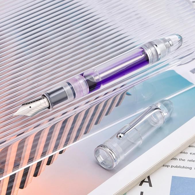 Asvine V800 Fountain Pen - Vacuum Filling System with Large Ink Capacity - Smooth Number 8 Extra Fine Nib with Gift Case and Wrench - Clear Silver Acrylic