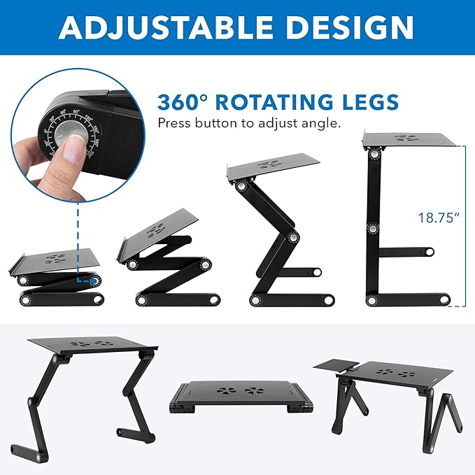 Mount-It! Adjustable Laptop Stand & Lap Desk with USB Cooling Fans, Large Aluminum Laptop Tray with Mouse Pad, Portable Sit-Stand Laptop Desk for Bed, Couch & Table