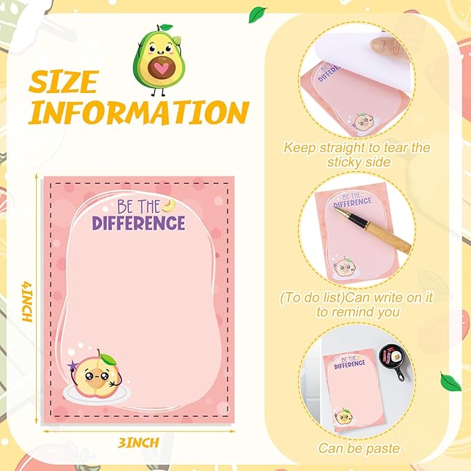 12 Pcs Fun Inspirational Sticky Notes 3 x 4 Inch Motivational Fruit Notepads Cute Post Positive Appreciation Sticky Notes Positive Gifts for Office Nurse Coworkers Supplies