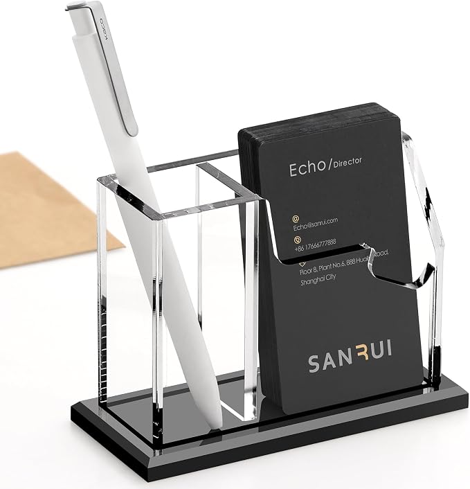 SANRUI Acrylic Business Card Holder with Pen Holder, 2-Slot Vertical | 8mm thick stable base, desktop card organizer for office reception & trade shows, holds cards & stationery, space-saving