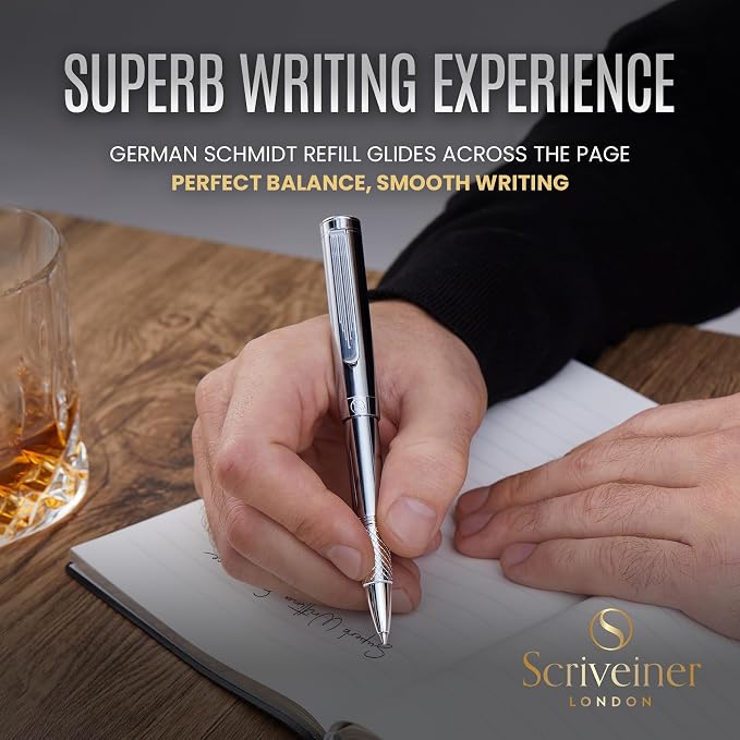 Scriveiner Personalized Silver Chrome Rollerball, Award Winning EDC Pen, Heavy Pocket Pen with Chrome Finish, Best Engraved Roller Ball Gift Set for Men & Women, Custom Name Engraving