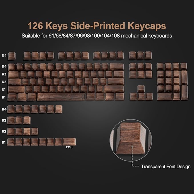 XVX PBT Keycaps - Side Print Shine Through Custom Keycaps 60 65 75 100 Percent, Retro Dye Sub & Double Shot Key caps Set 126 Keys, Cherry Profile for Mechanical Keyboard, Walnut Textures