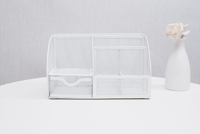 Annova Mesh Desk Organizer Office with 7 Compartments + Drawer/Desk Tidy Candy/Pen Holder/Multifunctional Organizer (White)