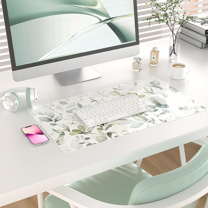 QIYI Large Mouse Pad, Extended Desk Mat for Desktop, PU Leather Waterproof Gaming Mousepad, Computer Desk Accessories Protector Writing Pads for School Office Home 23.6" x 13.8" - Soft Green Foliage