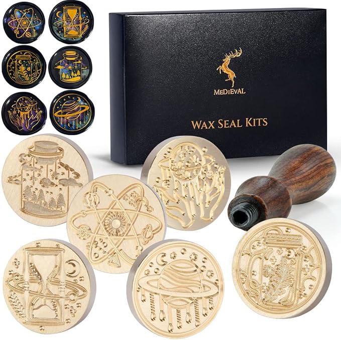 Wax Seal Stamp Kits, 6 pcs Wax Stamp Brass Head & 1 Wooden Handle, 6 Designs (Magic Hourglass/Planet/Space/Magic Forest/Mason Jar)