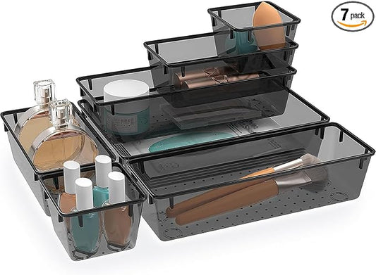 StorMiracle 7 PCS Clear Plastic Drawer Organizers Set, 4 Size Desk Drawer Organizer Trays for Makeup, Jewelry, Kitchen Utensils, Gadgets and Office Accessories, Black