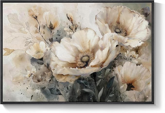 Framed Neutral Floral Wall Art, Botanical Flower Canvas Painting Prints for Modern Farmhouse, Rustic Retro Watercolor Pictures for Living Room Bedroom Dining Room Office Kitchen Wall Decor, 24x36 Inch