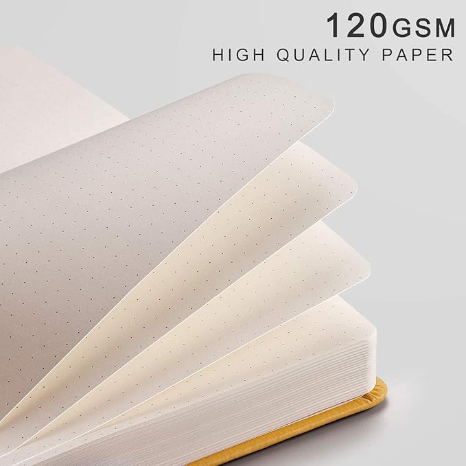 EMSHOI A5 Dotted Notebook Hardcover Leather Journal, 256 Pages 120gsm Thick Paper A5 Journal 5.75"x8.38", 16 Perforated Pages & Inner Pocket, Durable Dot Grid Notebook for Bullet Journaling, Yellow