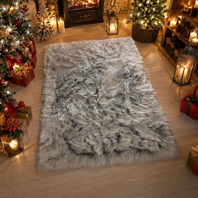 EasyJoy Faux Sheepskin Rug, Fluffy Faux Fur Rug, Ultra Soft Shag Area Rug with Non-Slip Backing for Bedroom, Living Room, Nursery, Kids Room(4 x 6 ft Rectangle, Frosted Bottom Gray)