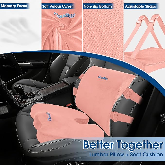 CloudBliss Lumbar Support Pillow & Seat Cushion Set for Office Chair, Desk Chair, Wheelchair & Car – Memory Foam Back Support, Ergonomic Chair Cushions, Sciatica Pain Relief, Home Essentials, Pink