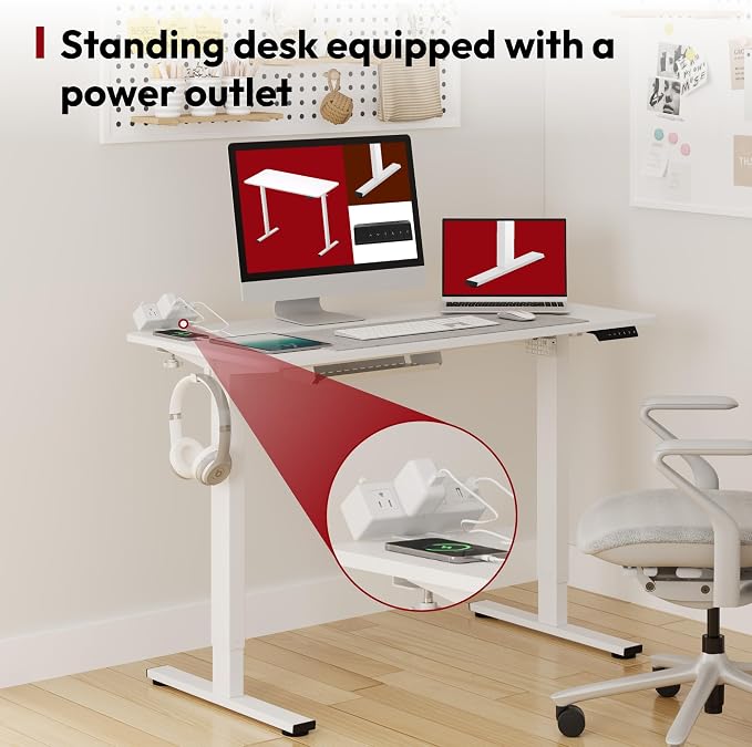 SANODESK Electric Standing Desk with Desk Clamp Power Strip 48"x 24" Whole-Piece Desktop Height Adjustable Stand Up Desk with Cable Management Sit Stand Home Office Desk White Frame/White Top