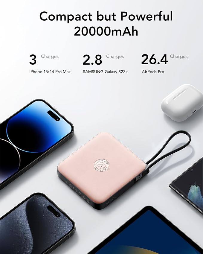 VRURC 20000mAh Power Bank Built-in Cables, Travel Essentials, Portable Charger 22.5W Fast Charging USB C Battery Pack, Phone Battery Bank for iPhone 17/16/15 Series, Android Phone - Pink(1 Pack)