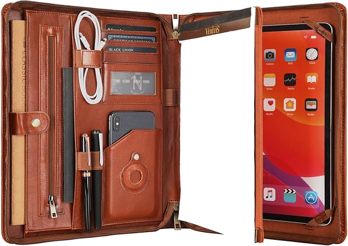 Leather Portfolio for 13 inch iPad Pro M4 (2024), Business Tablet Portfolio for Men, Personalized Padfolio, Engraved Portfolio Folder for A4 Notepad (Oil Brown, Custom)