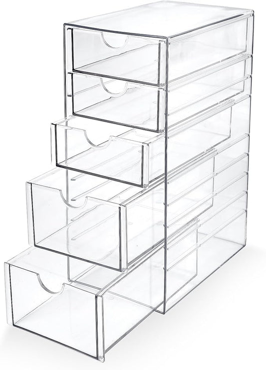 Prsildan Acrylic Drawer Makeup Organizer with 5 Drawers, Hair Accessories Organizer, Office Desk Organization, Clear Stackable Storage Drawers for Vanity, Countertop, Craft, Jewelry