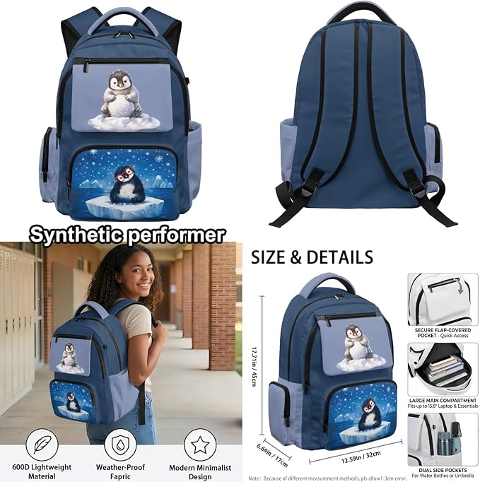 WELLFLYHOM Penguin Girls Backpack Set 8-12 Kids School Book Bag Lunch Box Pencil Case Water Bottle Sleeve Ice Snow Elementary Junior High Daycare Bag for School Back to School Gift