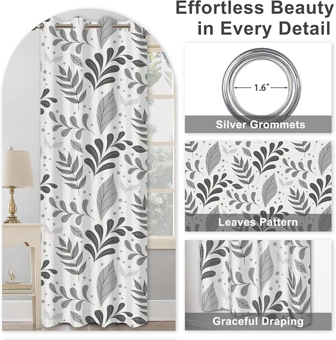 Blackout Curtains for Bedroom and Living Room, Grey Leaves Patterned Grommet Thermal Insulated Room Darkening Bedroom Curtains 2 Panels Set, Light Filtering Soundproof Black Out Curtains 84 Inch Long