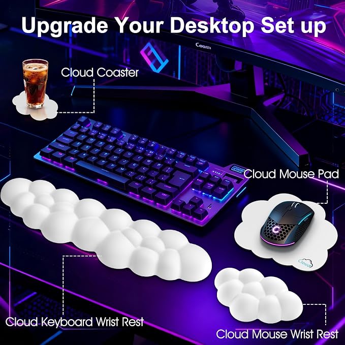 Sushret Cloud Wrist Rest for Computer Keyboard, 4-in-1 Memory Foam Leather Cloud Keyboard Wrist Rest and Mouse Pad Set with Ergonomic Support for Arm and Palm Cushion, Gaming/Work Setup, White