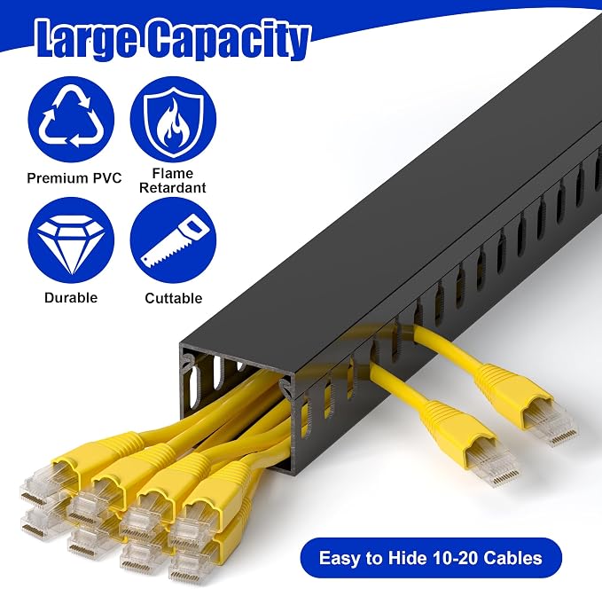 1.4"H x 1.6"W Cable Raceway, 99in Under Desk Wire Management Channel, Black | Slotted Wire Duct, 6Pack, 16.5in Each, Heavy-Duty PVC Cable Management for Server Racks, Network Cables & Electrical Cabinets
