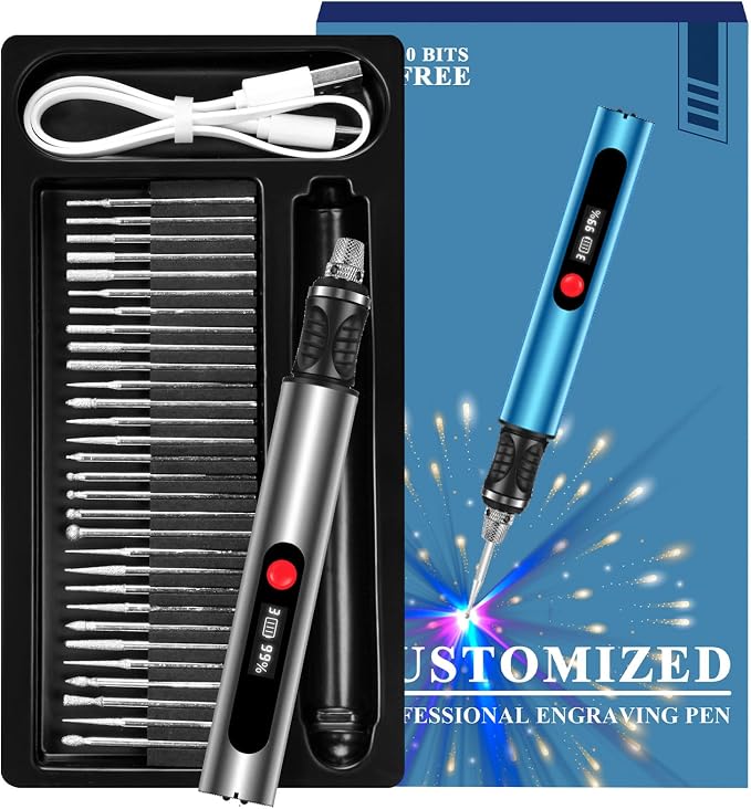 Engraving Pen, Ultimate Cordless Engraving Pen for Artists & DIYers - Engrave 60+ Surfaces - Beginner Friendly- 30 Bits & Mastery Guide (Silver)