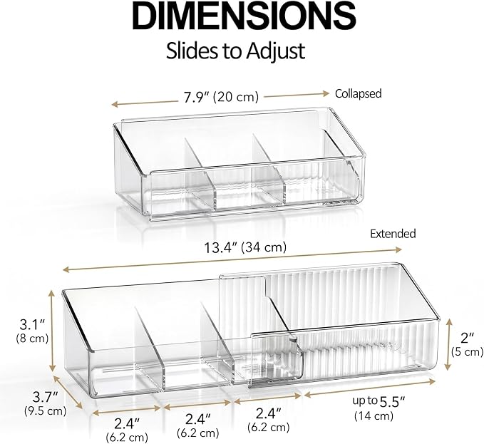 JessLab Expandable Mirror Cabinet Organizer, Clear Adjustable Makeup Bin with Dividers, Skincare Storage, Cosmetic Display Case for Bathroom Vanity Drawer, 1 Pack