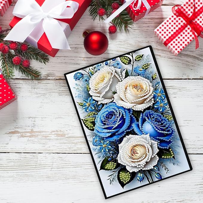 FRANDEK Pearl Painting Notebook Kit, Blue and White Rose A5 DIY Journal with 50 Blank Pages, Diamond Gem Art Cover with Waterproof Canvas, Beginner Craft Set with Full Tools for Adults