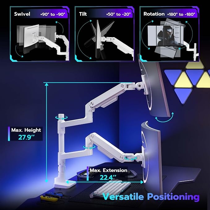 Dual Monitor Arm Desk Mount for 17-49 Inch Monitors, White | Heavy Duty Monitor Mount Stacked Monitor Arm Desk Holds 44 lbs