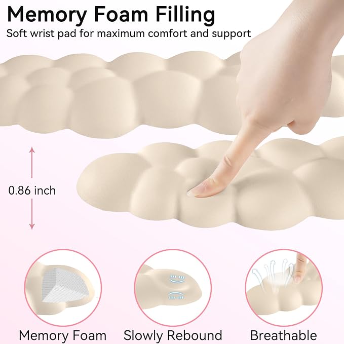 Sushret Cloud Wrist Rest for Computer Keyboard, 4-in-1 Memory Foam Leather Cloud Keyboard Wrist Rest and Mouse Pad Set with Ergonomic Support for Arm and Palm Cushion, Gaming/Work Setup, Beige