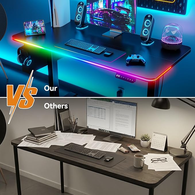 Electric Standing Desk, 48x24" Adjustable Height Computer Desk, with 3 Memory Presets, RGB Lights, Overheating&Overvoltage Protection, for Home Work, Study and Gaming, Small Spaces, Modern Furniture