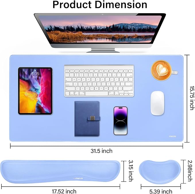 MOSISO Keyboard Mouse Pad Set, Gaming Mouse Pad&Keyboard Wrist Rest&Wrist Rest, Ergonomic Wristrests with Memory Foam Home Office Easy Typing Cushion Non-Slip Mousepad, Air Blue