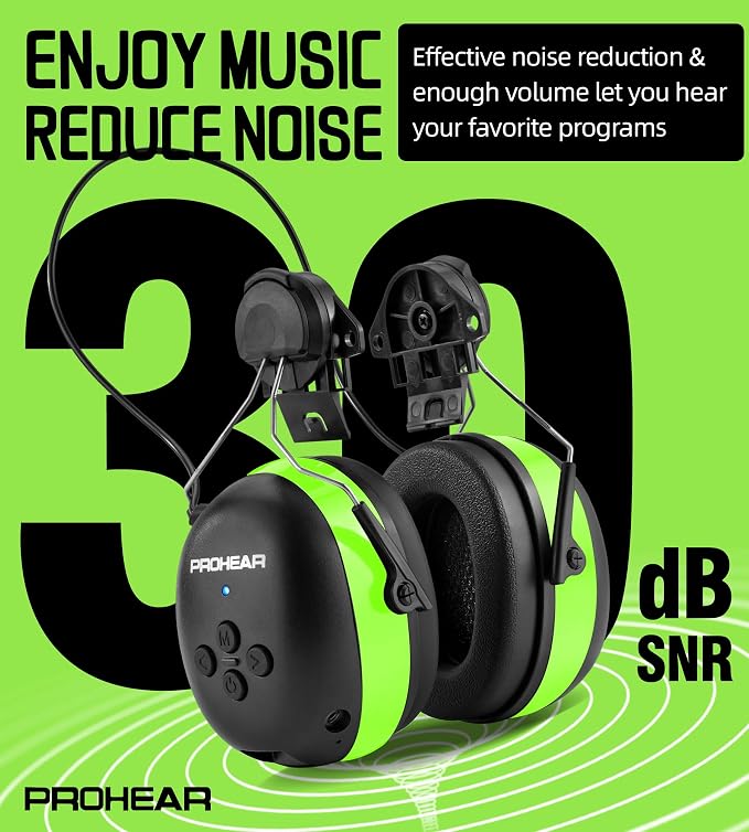 PROHEAR Safety Headphones with Bluetooth 5.3 - Compatible with 3M H-700 & DEWALT Hard Hats, 40H Battery Green - OSHA Hearing Protection for Construction Workers, Landscaping, Mowing