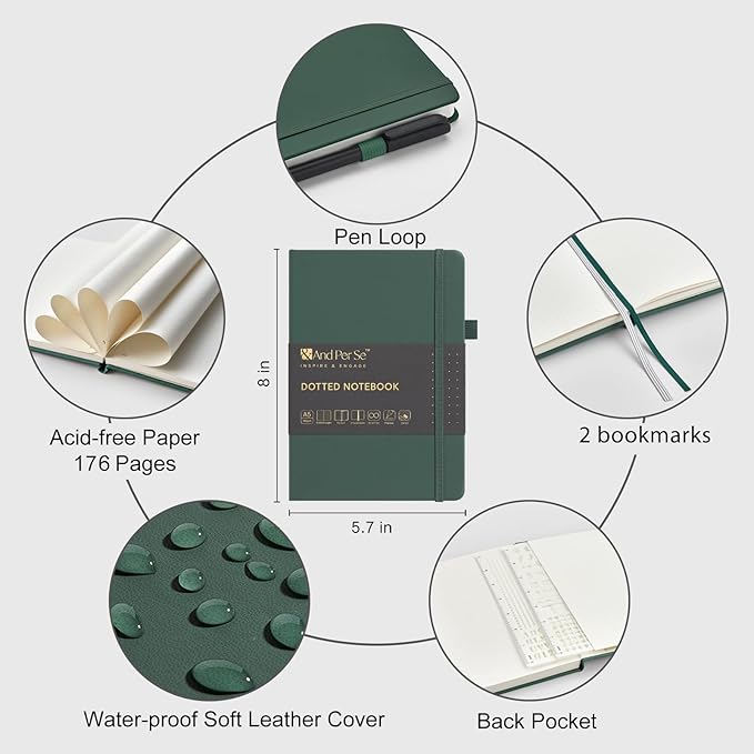 &And Per Se Dotted Notebook, A5 Hardcover with Journal Dotted Pages, Journal Stencils & Pen, 176 Numbered Pages for Beginners Women Men (Green)