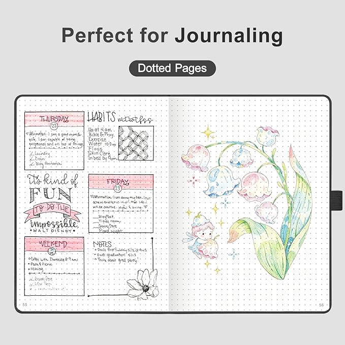 AHGXG Dotted Journal Notebook, 160 Numbered Pages, A5 Medium Size (5.7'' x 8.3''), 120 GSM Thick Paper, Leather Hardcover, for Journaling, Planning, Tracking (Black)