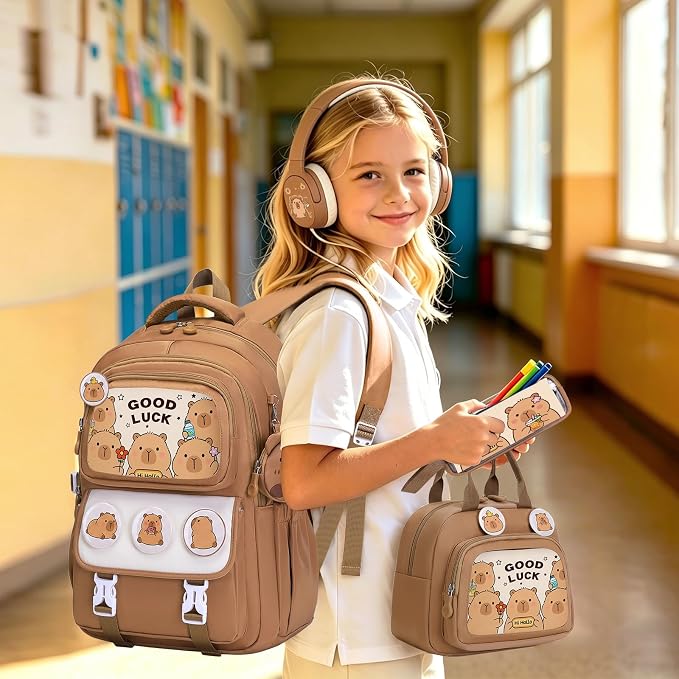 Capybara Backpack for Girls with Headphones - 4PCS Girls Backpack for Kindergarten Elementary Middle High School Travel - 3.5mm Wired Headphones Backpacks Back to School Gift(Brown)