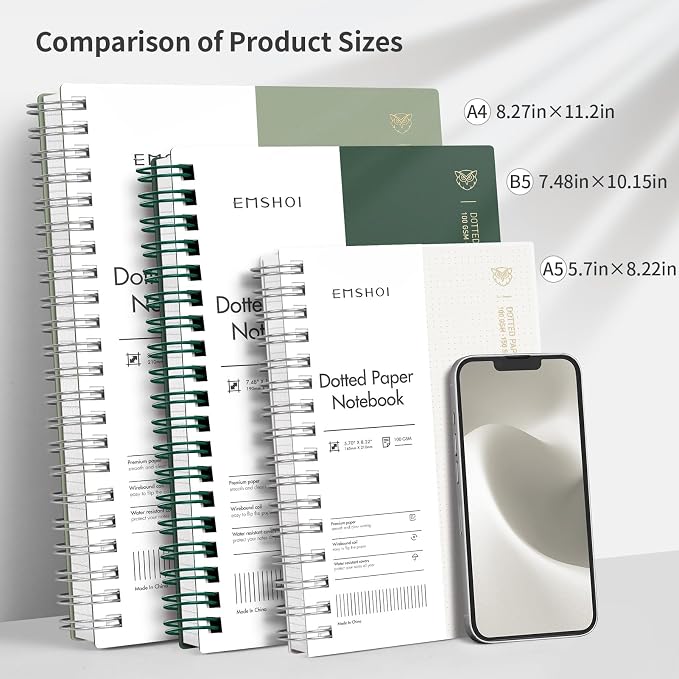 EMSHOI Spiral Notebook B5 Dotted journal, Dotted Grid Notebook with 300 Pages, 100gsm Thick Paper, 7.48" × 10.15", Waterproof Softcover Notebook for Journaling Writing - Light Green