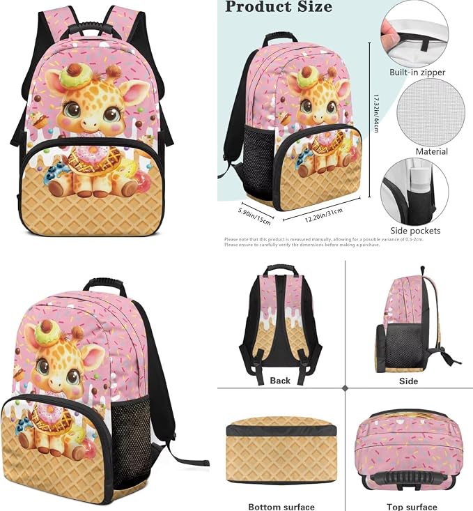ZFRXIGN Ice Cream Giraffe Kids Backpack for Girls Bookbag with Pendant 17inch Elementary School Bag and Insulated Lunch Box Pencil Case Back to School Supplies