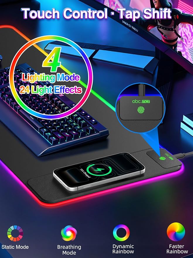 XL RGB LED Gaming Mouse Pad with 15W Magnetic Wireless Charging | 31.5'' x 11.8'' Large Desk Mat, 24 Lighting Effects Keyboard Pad with Non-Slip Rubber Base, Waterproof Easy Gliding Surface