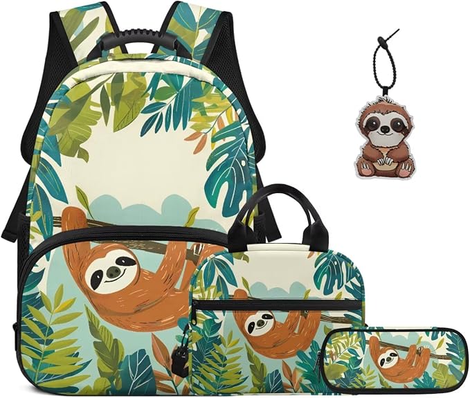 ZFRXIGN Tropical Sloth Teen Girls Backpack for School with Pendant 4pc Backpack Set for Teen Boys Bookbag and Insulated Lunch Box Pencil Case Back to School Stuff