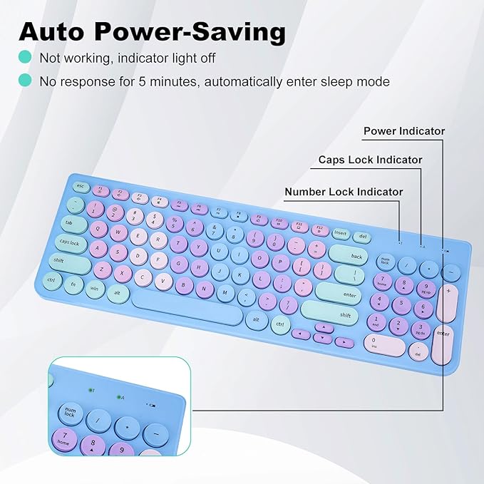 Wireless Keyboard and Mouse Combo, Retro Typewriter Keyboard with Round Keycaps, 2.4GHz USB Cute Wireless Keyboard Mouse for Computer, Desktop, Laptop and Computer (Rainbow Blue)
