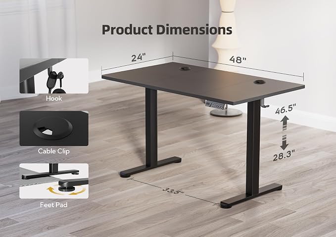 YDN Electric Standing Desk Adjustable Height, 48 x 24 Inches Stand up Desk with Cable Management, Home Office Desks with Splice Board & Black Frame, Black Top