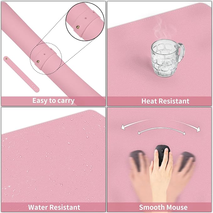 Dual-Sided Desk Mat, Large Desk Pad, Waterproof Smooth PU Leather Desk Blotter Protector Mouse Pad, Desk Organizers, Office/Home Table Decor for Reading and Writing (Pink+Slivery, 47.2''×23.6'')