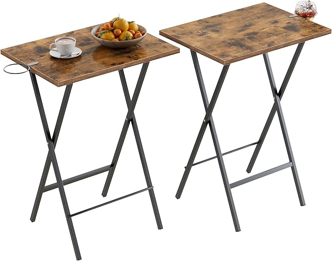 VECELO Folding TV Tray for Eating Set of 2, Portable Dinner/Snack Table with Cup Holder for Couch, Living Room and Small Space, Antique Brown
