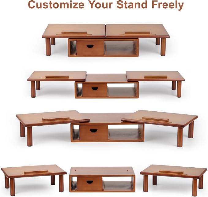 Dual Monitor Stand Riser with Drawer for Desk Laptop | Desk Shelf with Adjustable Length and Angle, Bamboo Computer Stand Riser for 2 or 3 Monitors Screen Laptop PC TV Brown