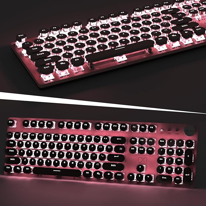 Typewriter Style Retro Wired Mechanical Gaming Keyboard, Vintage Steampunk with White LED Backlit, 104-Key Anti-Ghosting Blue Switch Cute Keyboard, Round Keycaps Knob Control for PC/Win/Mac/Laptop