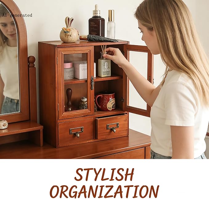 Rustic Apothecary Cabinet - 12" L x 4.7" W x 14" H Vintage Pine Countertop Cabinet with 2 Shatterproof Clear Doors & 2 Drawers, Small Spice Organizer for Kitchen, Bathroom, Office (Brown)