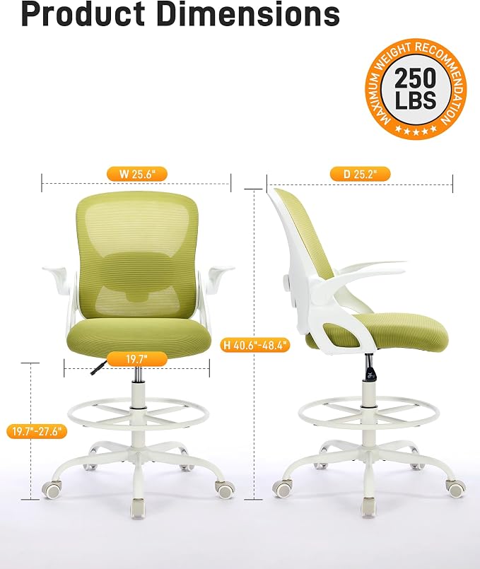LukkDys Drafting Chair with Arms, Tall Office Chair for Standing Desks | Ergonomic lumbar pad, breathable mesh and foot ring support forward-leaning posture for sewing, crafts and daily studio work.